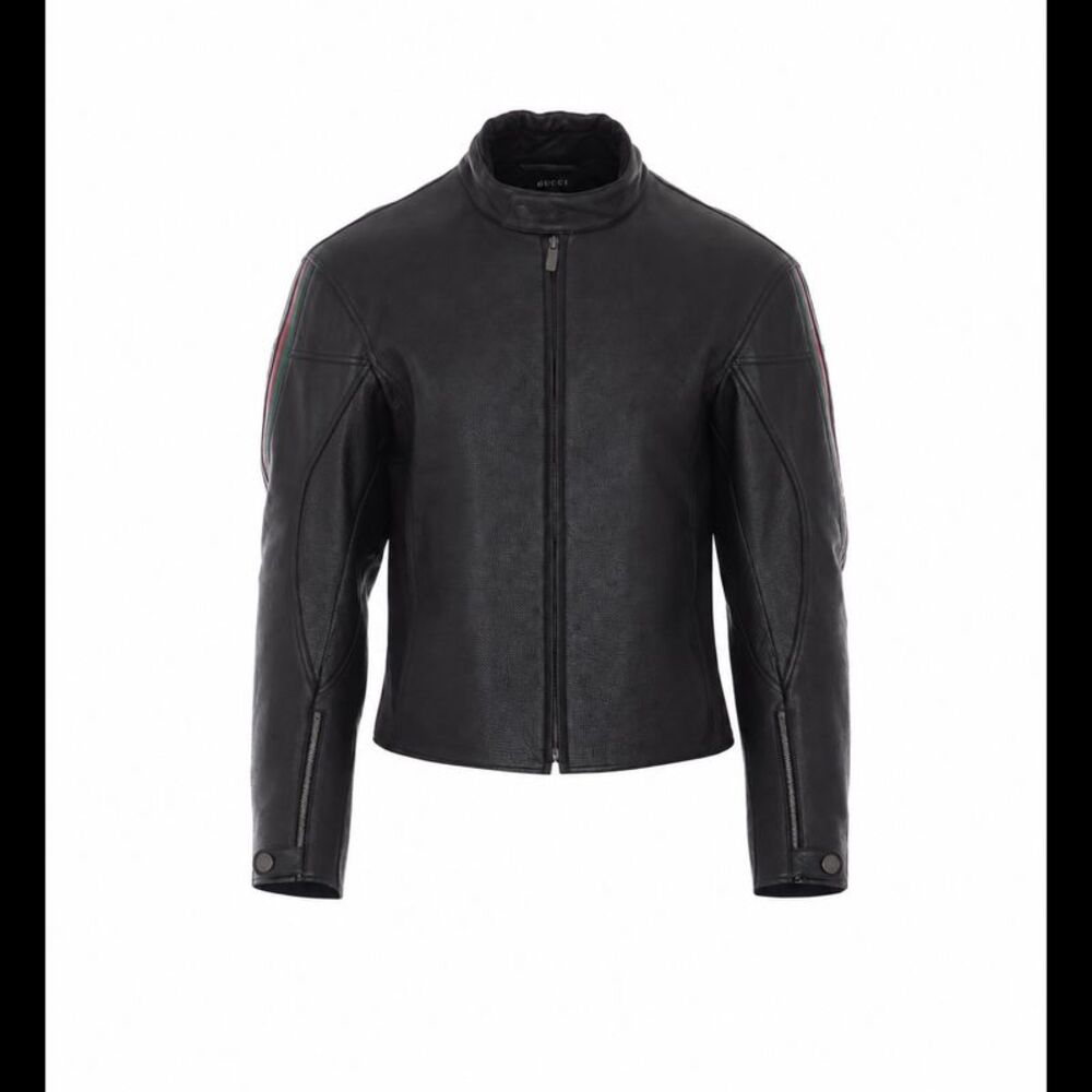 Gucci Men Web Detail Leather Biker Jacket